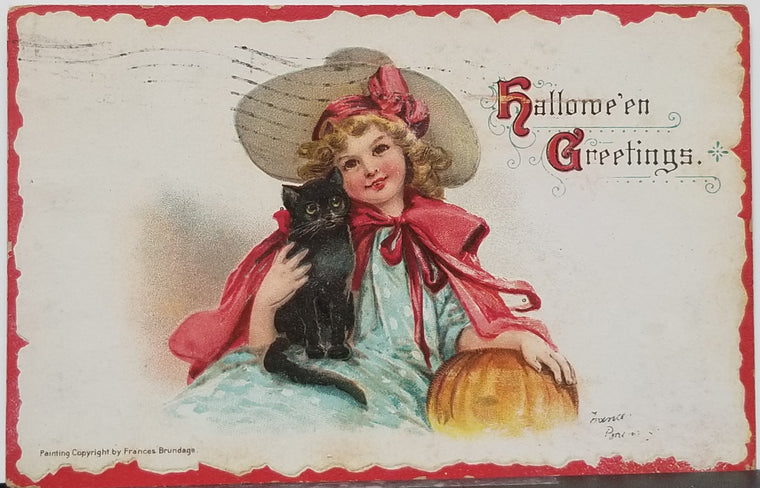 Halloween Postcard Artist Frances Brundage Little Girl Witch with Black Cat Red Trim Series 121