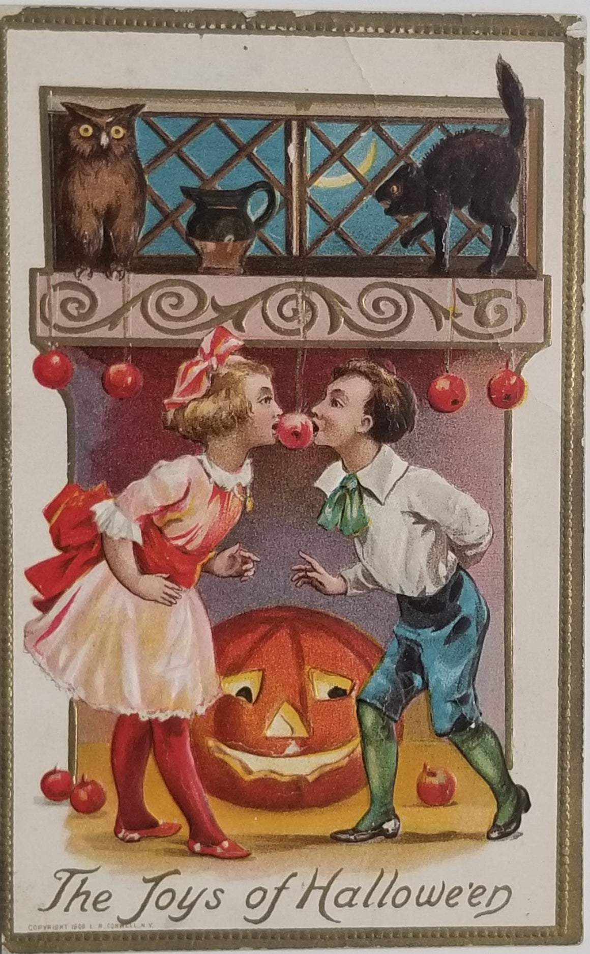 Halloween Postcard Boy & Girl Playing Apple Game Cat Owl with Giant JOL Gold Border Series 243