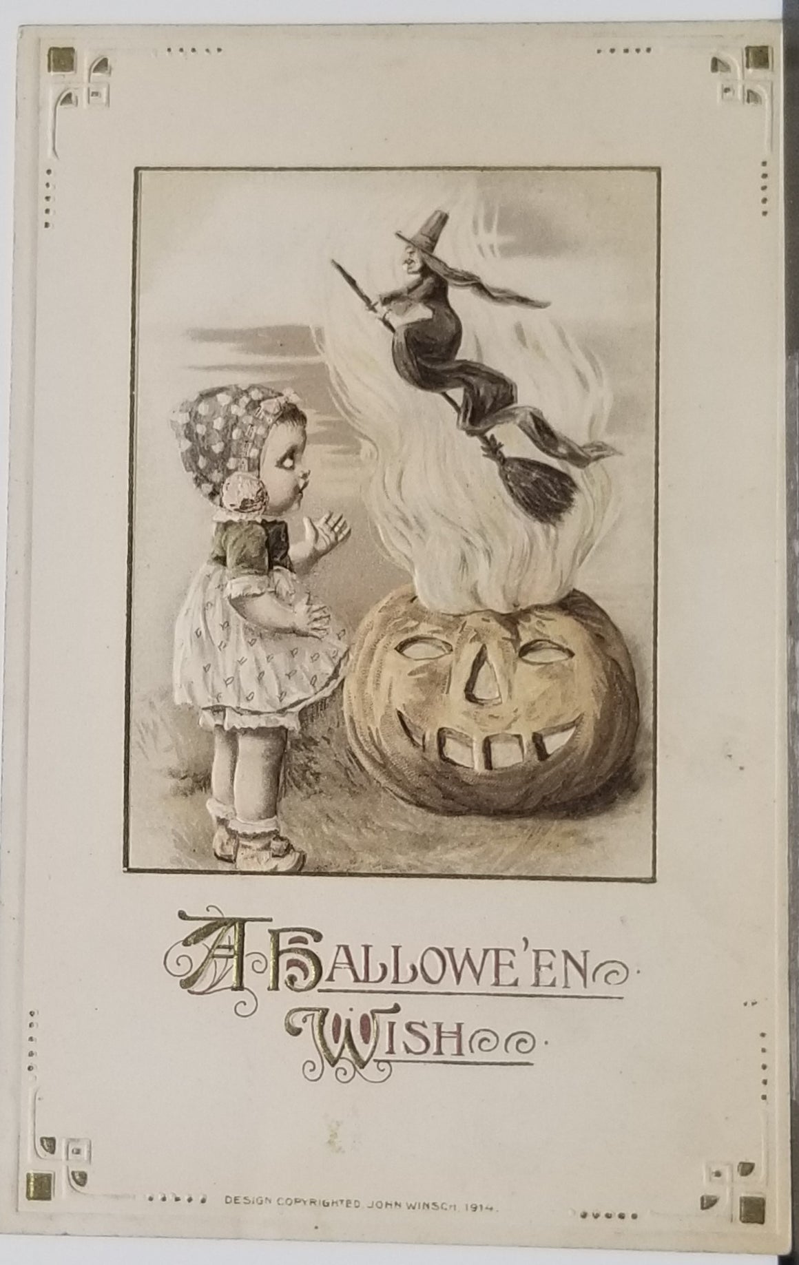 Halloween Postcard Child Watching Witch Emerge From Giant JOL J Freixas Winsch Publishing Unused