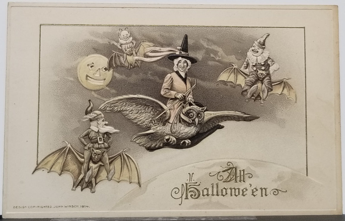 Halloween Postcard Artist Schmucker John Winsch Publishing All Halloween Witch on Owl Clowns Imps Bats in Rare Sepia Color