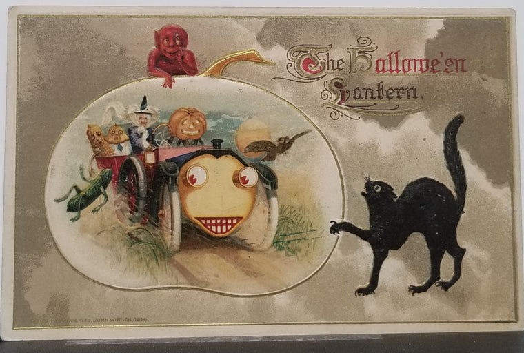 Halloween Postcard Winsch Publishing Witch in Car w/ JOL Men Black Cat and Red Devil Imp Artist Samuel Schmucker