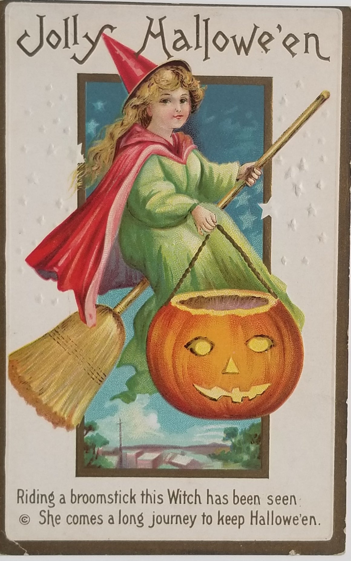 Halloween Postcard Child Witch on Broomstick Holding Giant JOL Candy Container Embossed Stars