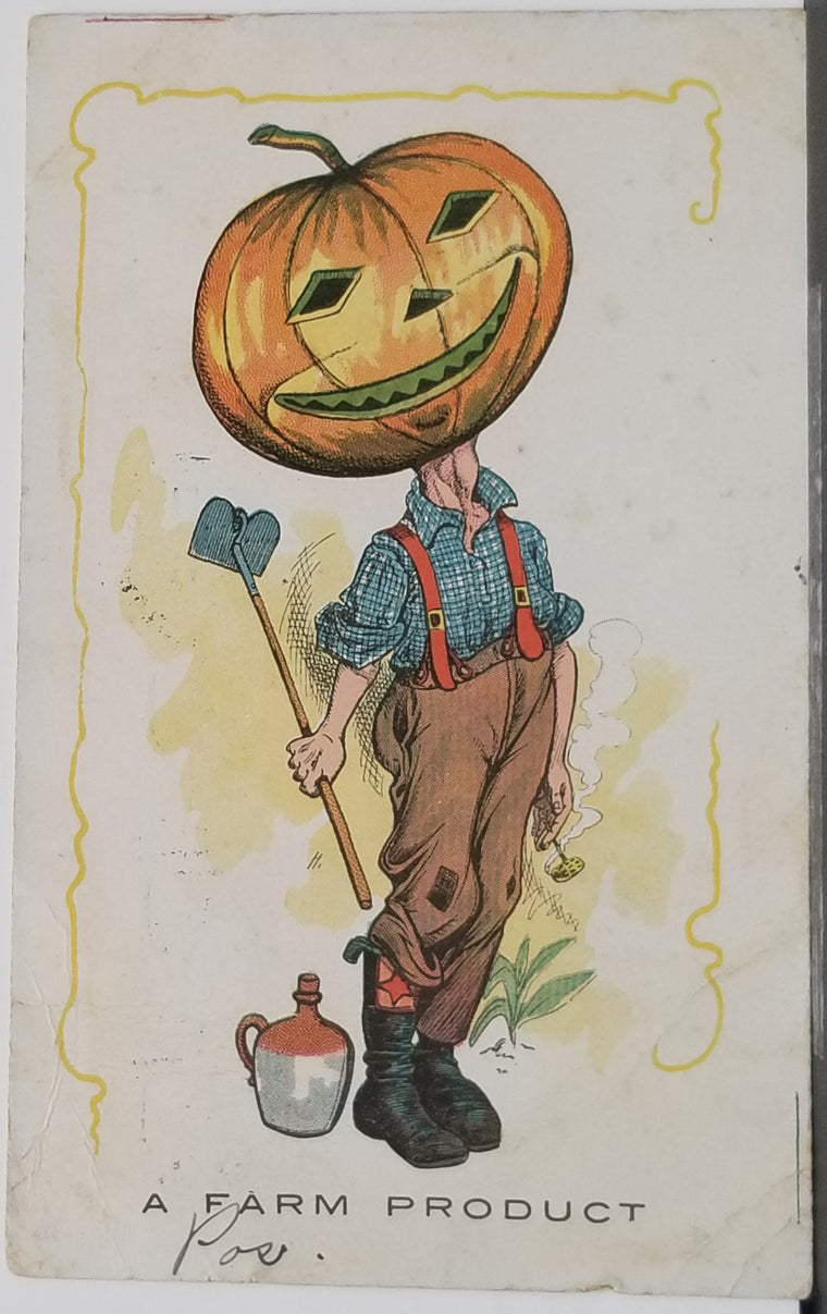 Halloween Postcard Fantasy Farmer Goblin Man Pumpkin Head Anthropomorphic JOL Early Undivided