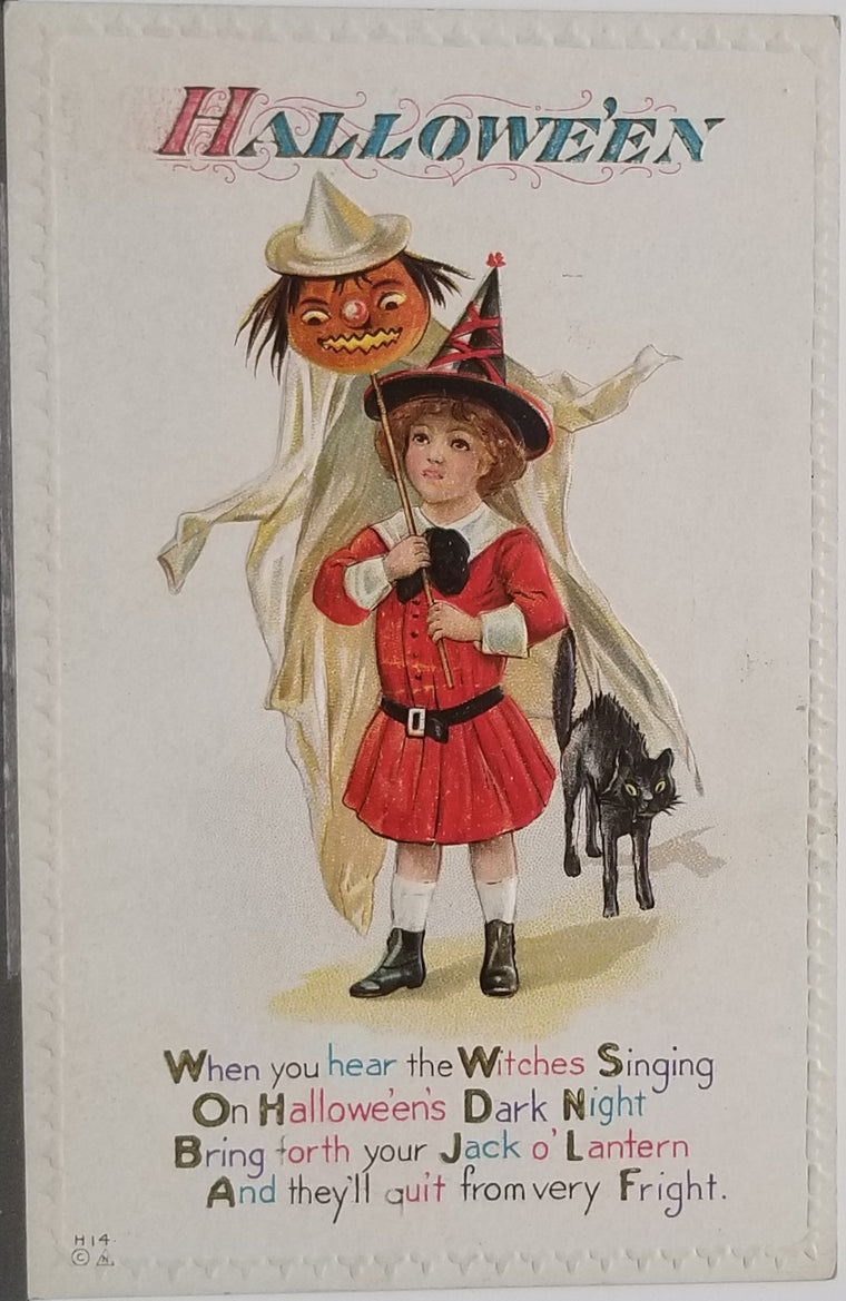 Halloween Postcard Child Witch in Red Holding JOL Ghost on Stick Walking with Black Cat