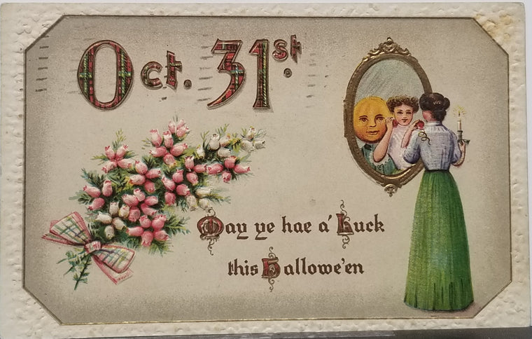 Halloween Postcard JOL Goblin Man in Mirror Behind Woman Series 2402 Gottschalk Dreyfuss Davis