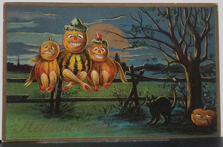 Halloween Postcard Anthropomorphic Squash Pumpkin Family Under the Moon in Creepy Night Series 303