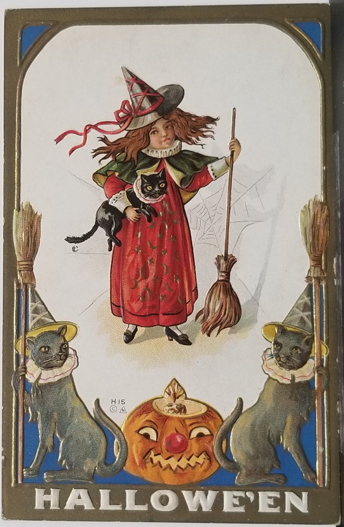 Halloween Postcard Little Girl Witch Holding Cat Two Black Cats in Witches Hats With JOL Gold Embossed Edges