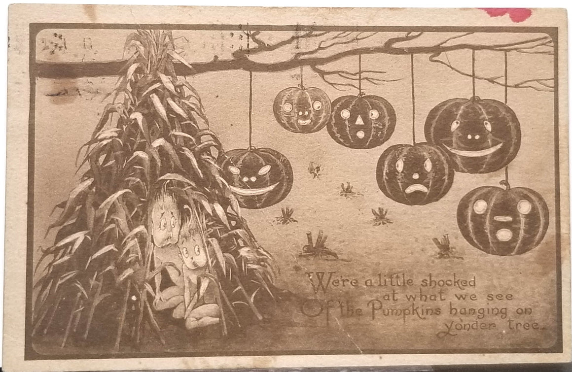 Halloween Postcard Rare Gibson Card Imps Hiding in Haystack as Hanging JOL Pumpkins Come Alive Sepia Tone