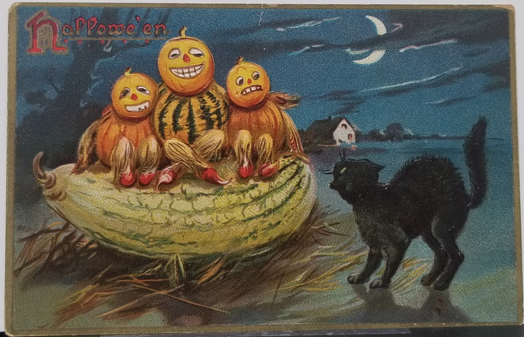 Halloween Postcard Series 150 Raphael Tuck Publishing Black Cat Scared of JOL People on Giant Squash in Moonlit Night