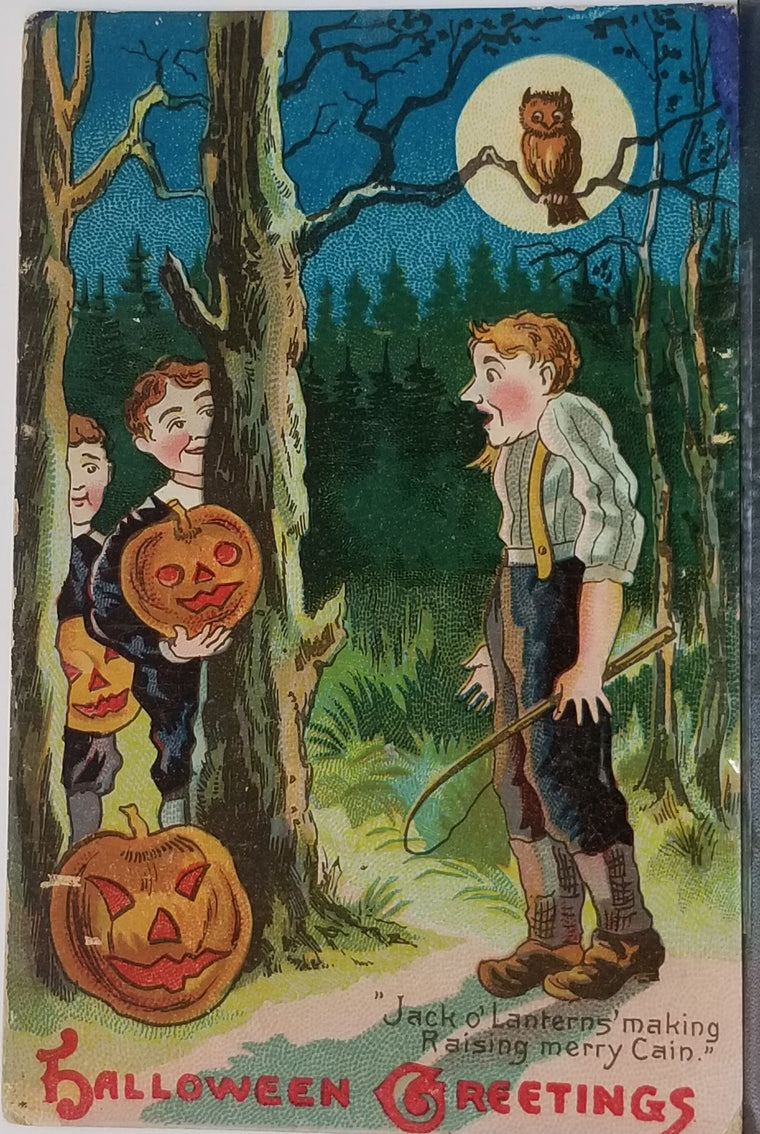 Halloween Postcard Boys Pulling Pranks with JOL Pumpkins in Woods at Night EC Banks Series 624