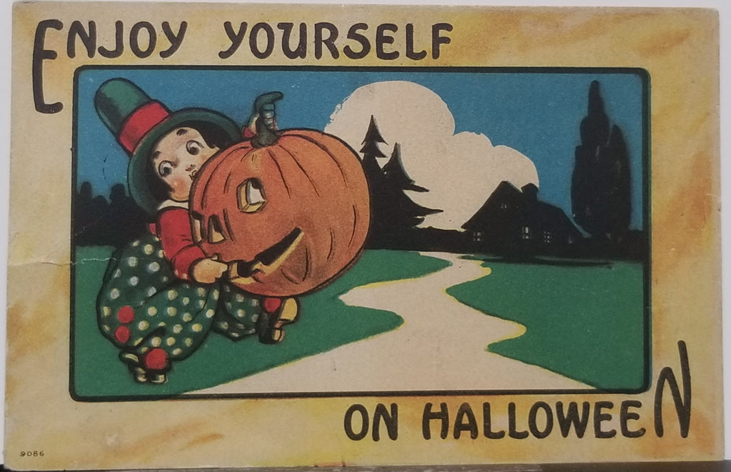 Halloween Postcard Series 9086 Bergman Little Witch Holding JOL