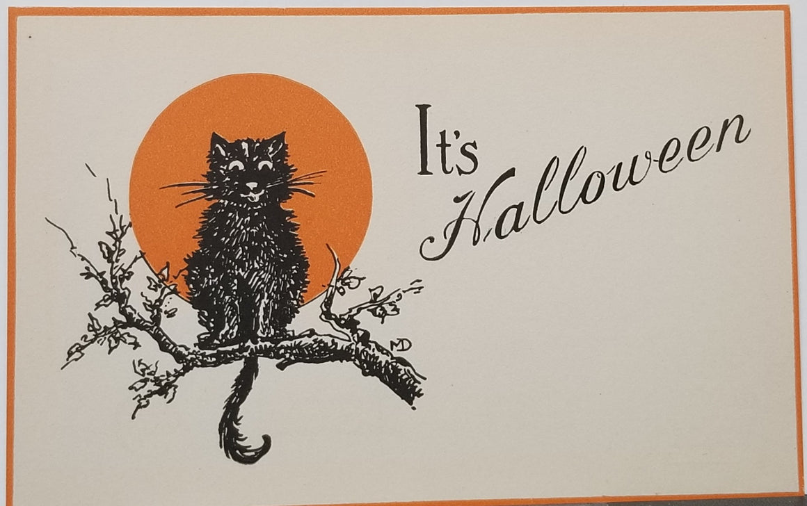 Halloween Postcard Gibson Publishing Black Cat with Orange Moon & Trim