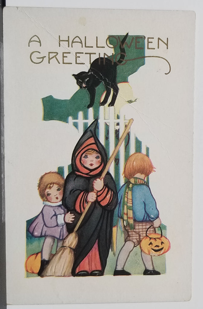 Halloween Postcards Group of Four (4) Witches, Children in Costumes and Bobbing for Apples, JOL Pumpkins