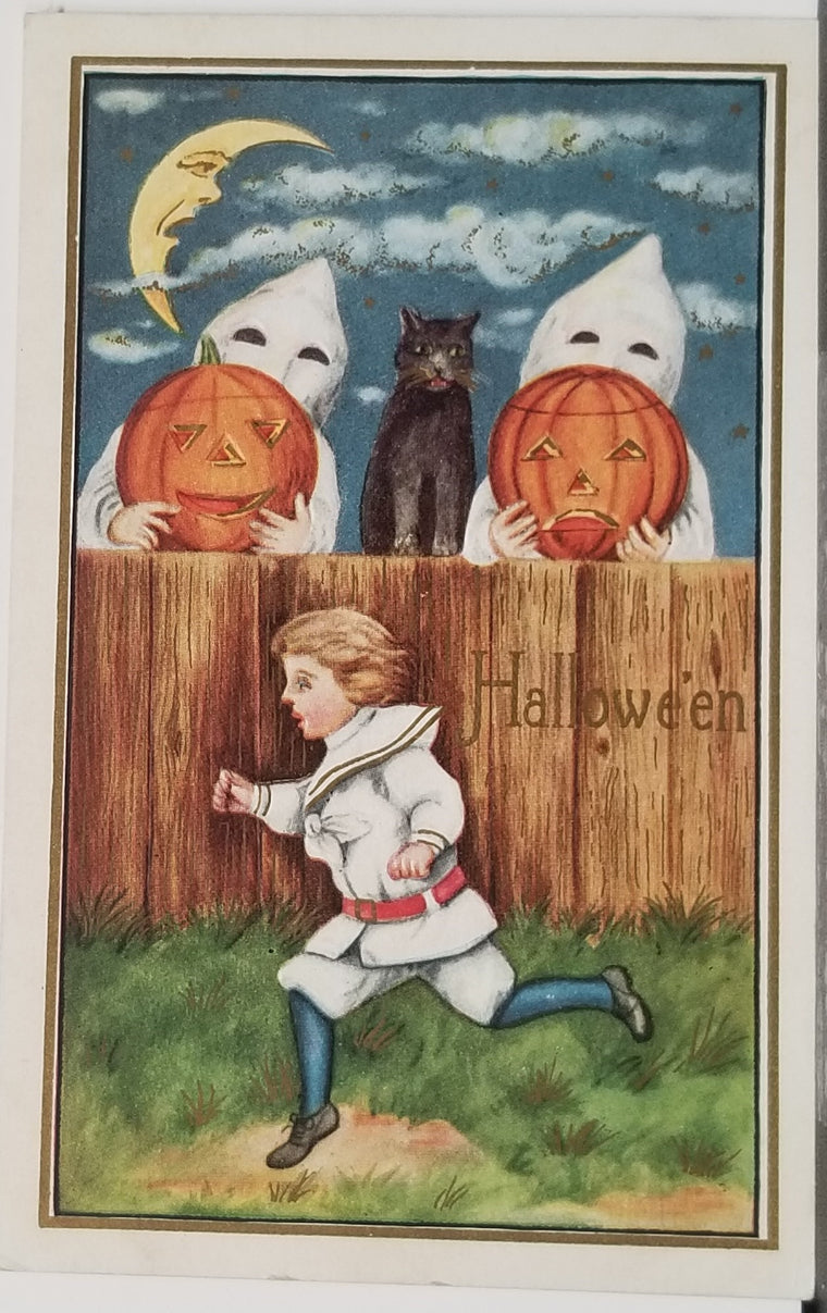 Halloween Postcard Child Running in Night From Ghosts Holding JOL Pumpkins Behind Fence Black Cat Perched Under Moon