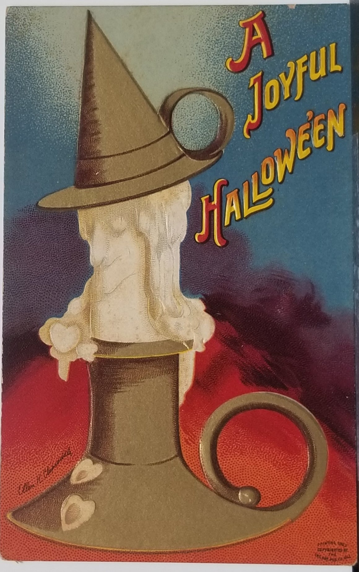 Halloween Postcard Series 1393 Anthropomorphic Melting Candle with Face Artist Ellen Clapsaddle