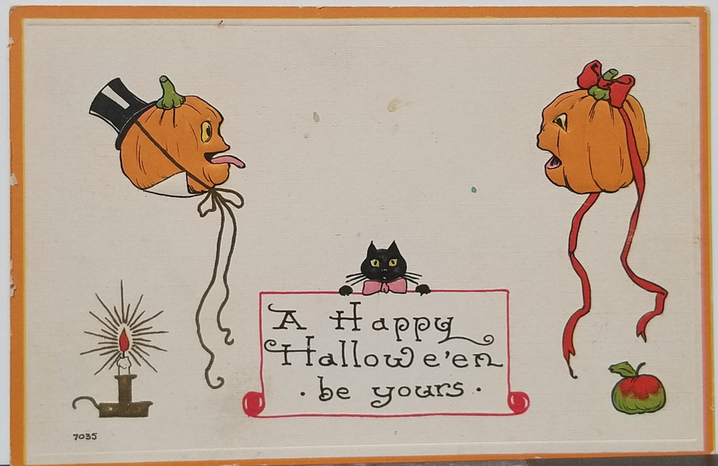 Halloween Postcard Bergman Card Embossed Talking JOL Pumpkin Couple with Black Cat Arts Craft Period