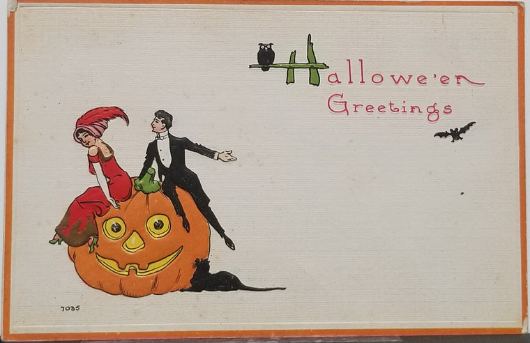 Halloween Postcard Bergman Card Embossed Giant JOL Pumpkin with Couple in Red and Tux Black Cat Owl Bat Arts Craft Period