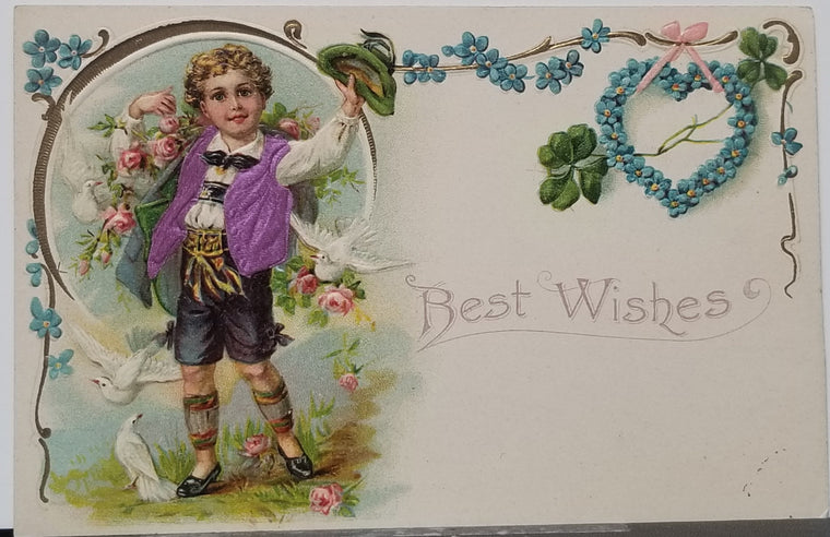 Best Wishes Postcard Child in Silk Applied Vest Flowers & Birds Surrounding Him Made in Germany