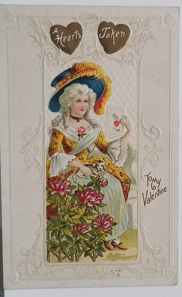 Valentine Postcard High Fashion Dressed Victorian Woman Reading Card with Puppy on Lap