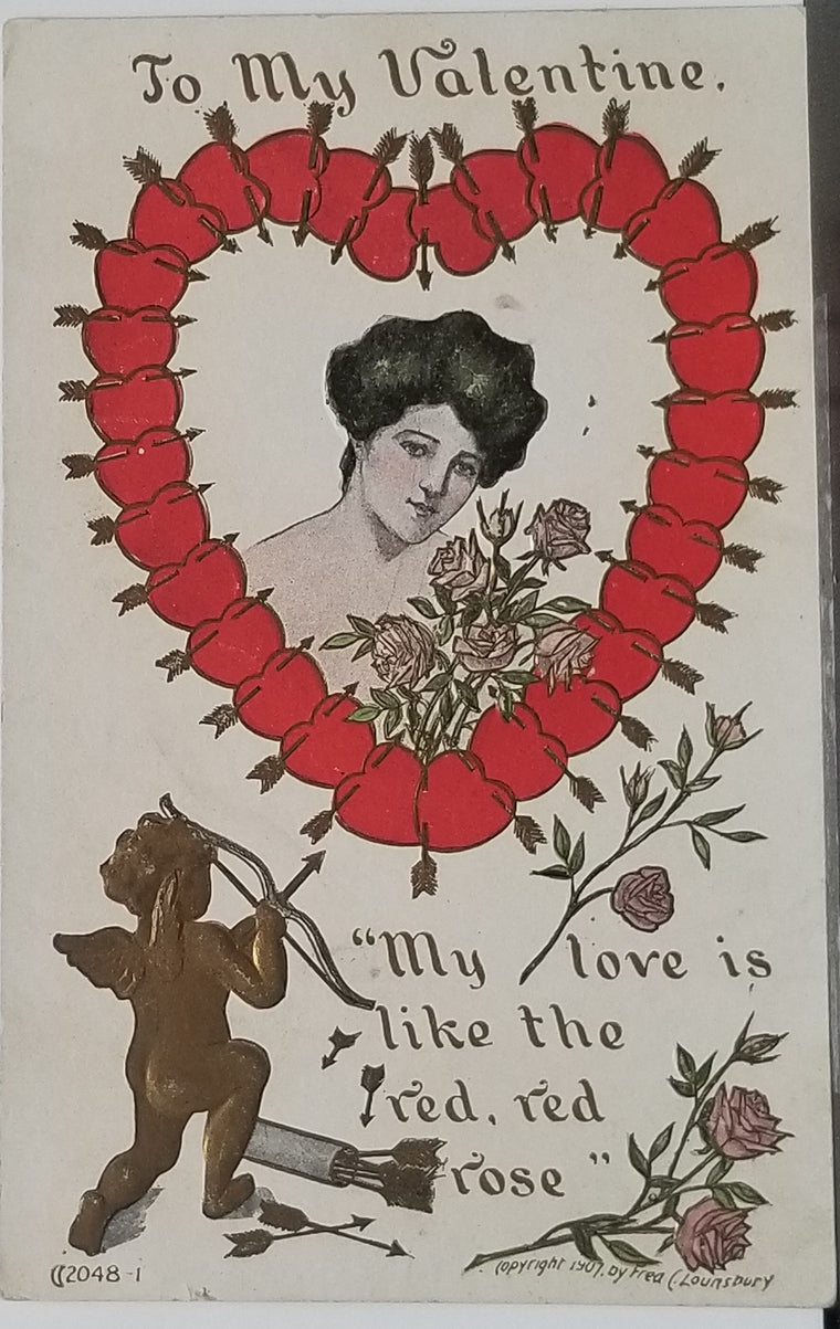 Valentine Postcard Pretty Woman Holding Roses Gold Cupid Shoots Arrow "To My Valentine" Series Fred Lounsbury