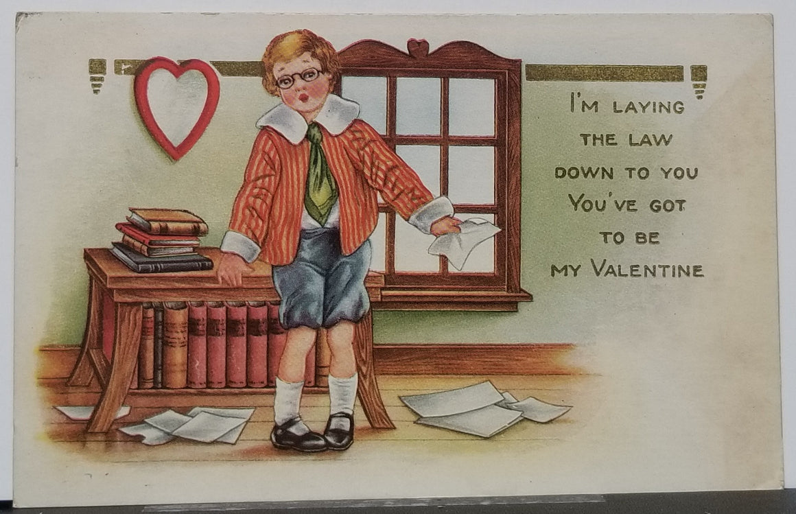 Valentine Postcard Whitney Made Little Boy in Suit and Glasses with Law Books "I'm Laying the Law Down to You Be My Valentine"