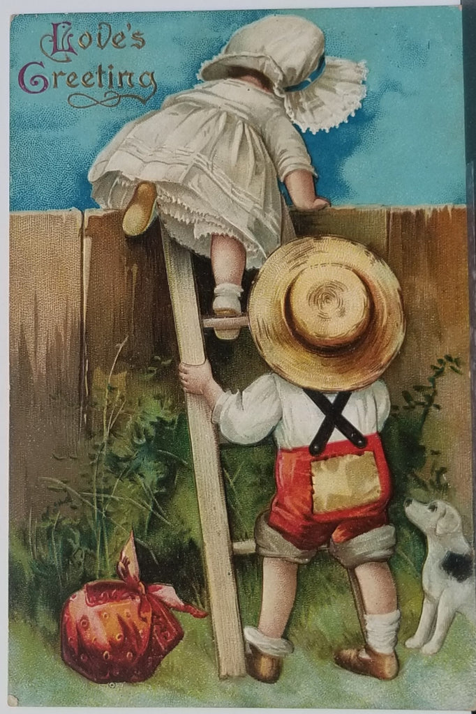 Valentine Postcard Little Boy Holding Ladder for Little Girl Going Over Fence Puppy Watches IAP Ellen Clapsaddle Running Away Series