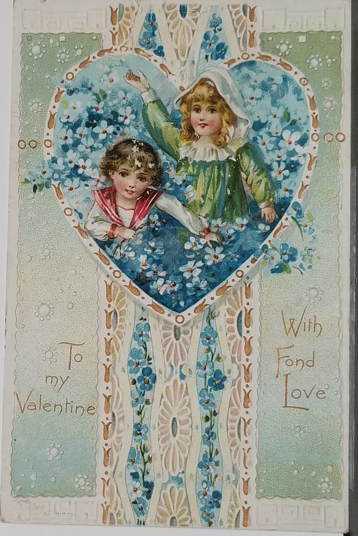 Valentine Postcard Raphael Tuck Pub Little Girl & Boy in Blue Flowers