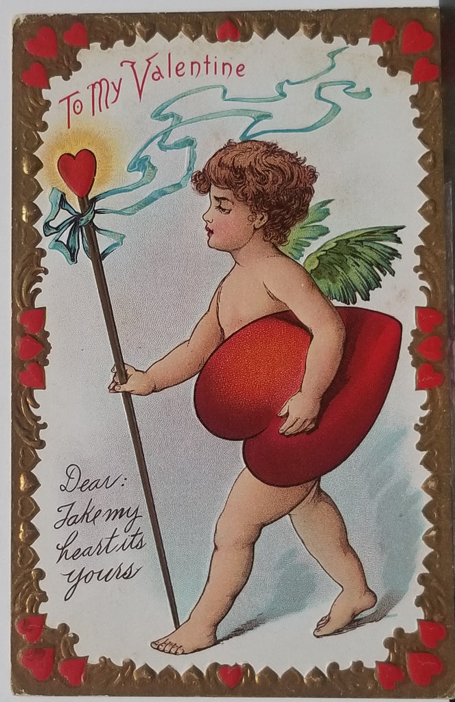 Valentine Postcard Cupid Carrying Giant Red Heart Walking with Lit Staff Gold Border Series V