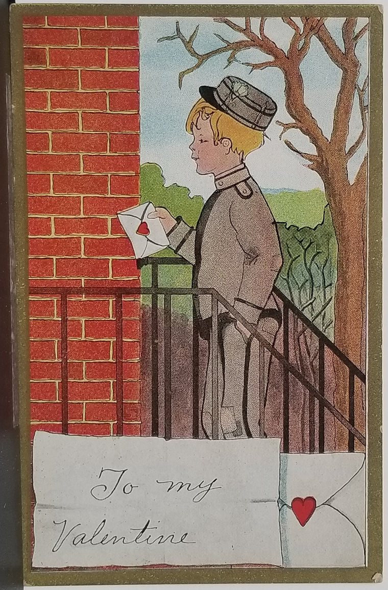 Valentine Postcard Blonde Haired Boy Dressed as Mailman Delivering Card