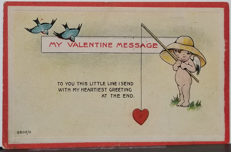 Valentine Postcard An Adorable Little Cupid Wearing Straw Hat Holding Fishing Line with Heart at End Red Border