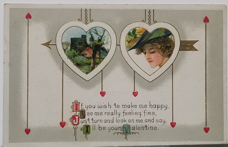 Valentine Postcard Art Nouveau Style Card Woman in Hat with Heart Frame & Poem Series 254