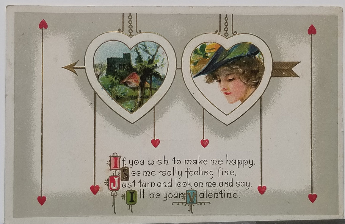 Valentine Postcard Art Nouveau Style Card Woman in Hat with Heart Frame & Poem Series 254