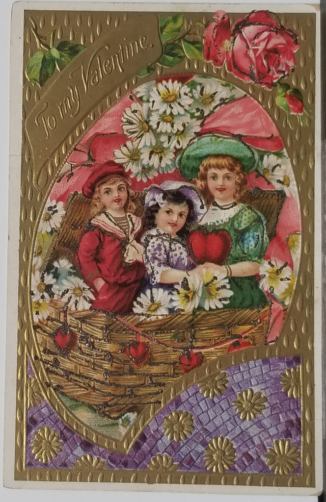 Valentine Postcard Gold Embossed Basket Three Children with Hearts & Flowers Germany