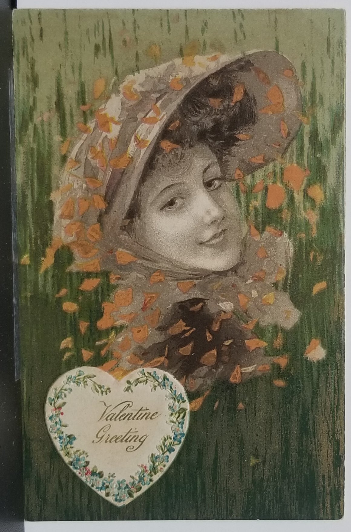 Valentine Postcard Art Nouveau Style Woman in Bonnet with Green Background and Orange Flecks John Winsch Pub