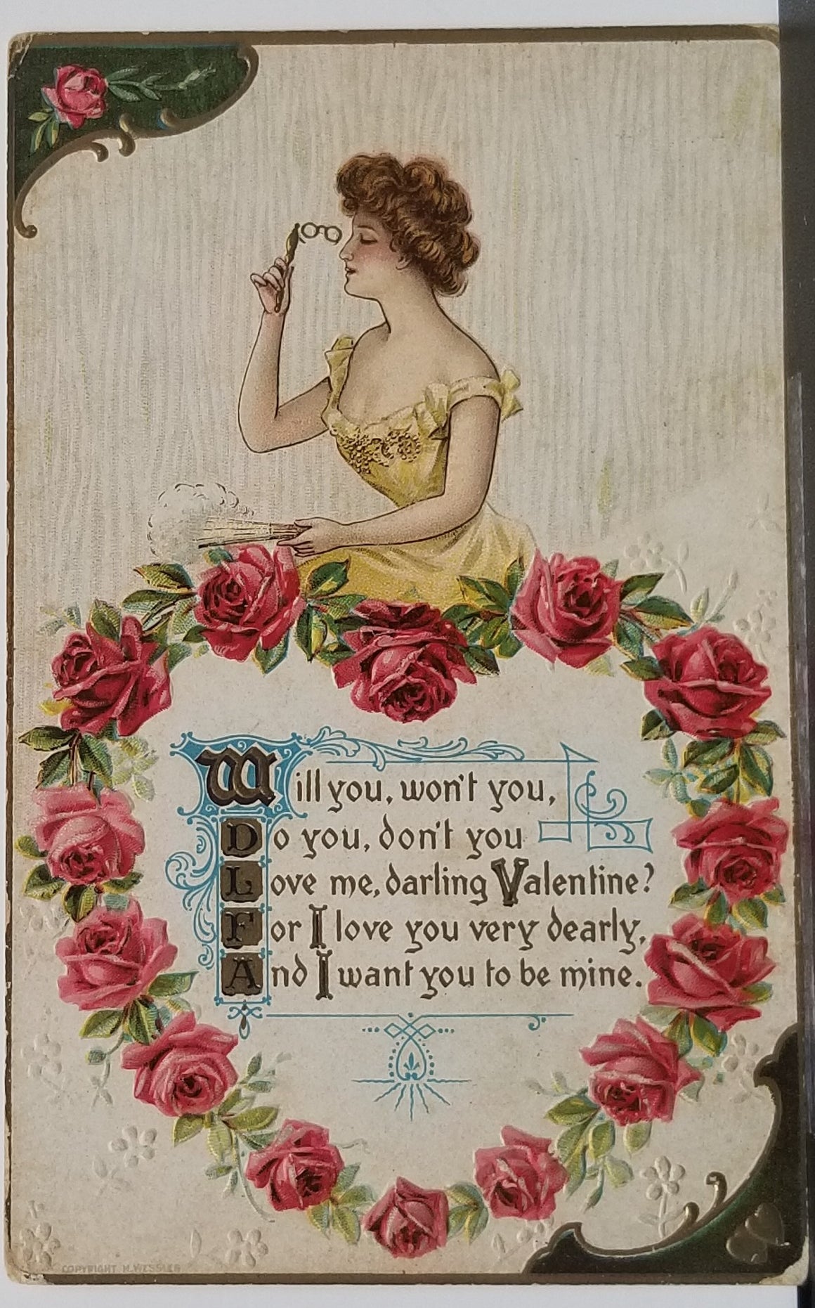 Valentine Postcard Edwardian Woman with Pink Rose Heart Series 521 Gibson Girl Style