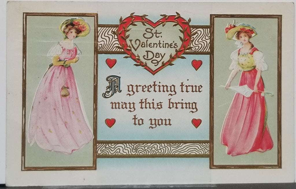 Valentine Postcard Edwardian Girls in Pink Gowns with Holiday Message