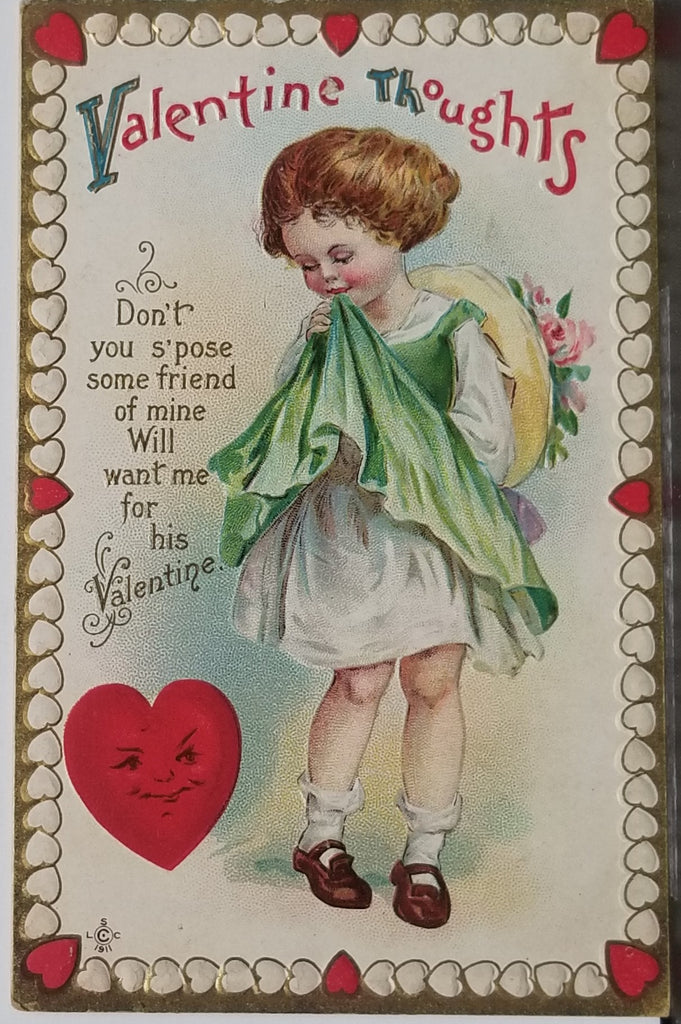 Valentine Postcard Little Girl in Green Dress Holding Hat with Smiling Heart Series 232