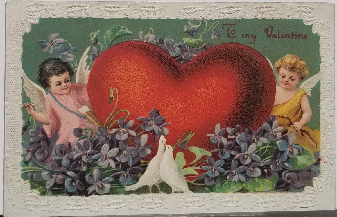 Valentine Postcard Cupid Fairies with Giant Heart Purple Flowers and Doves Faux Lace Embossed Style Border