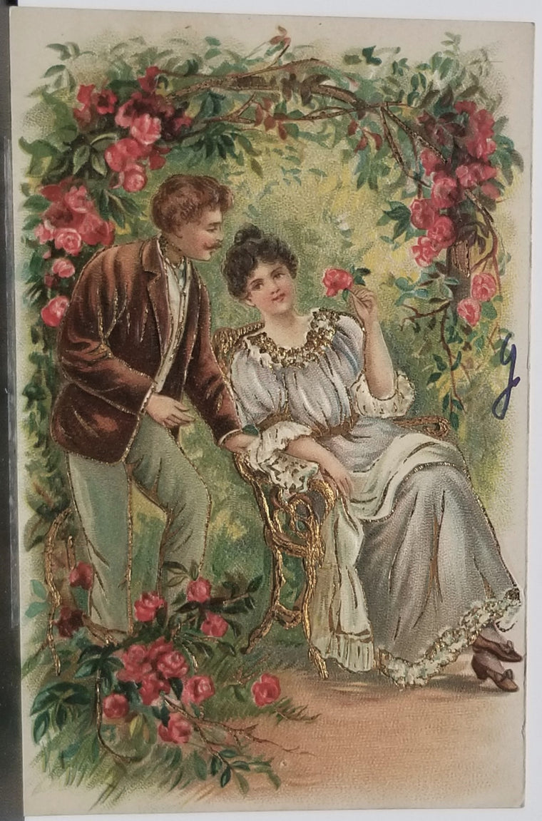 Valentine Postcard Couple in the Garden of Pink Roses Applied Gold Outline