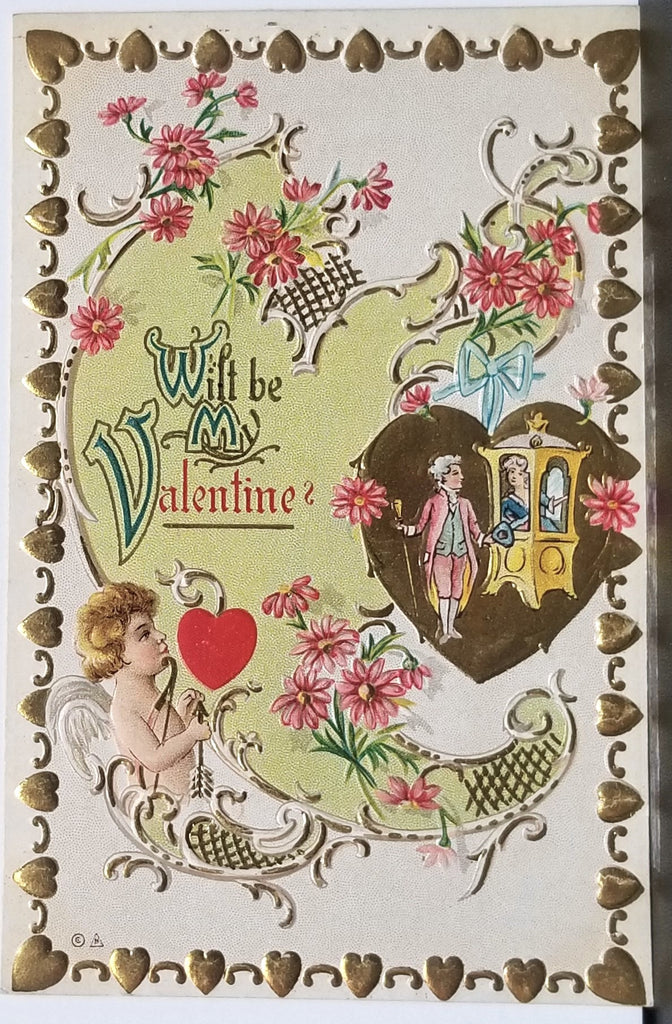 Valentine Postcard Gold Embossed Hearts Cupid with Couple in Carriage