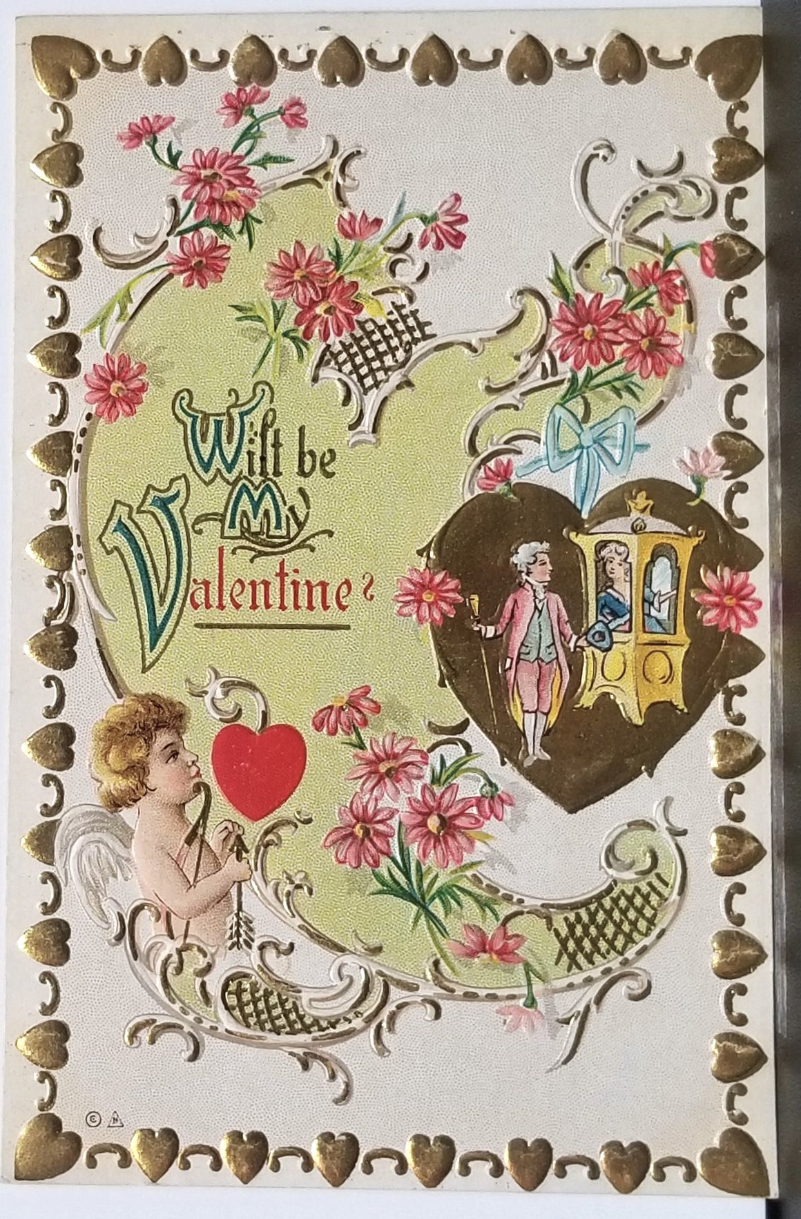 Valentine Postcard Gold Embossed Hearts Cupid with Couple in Carriage