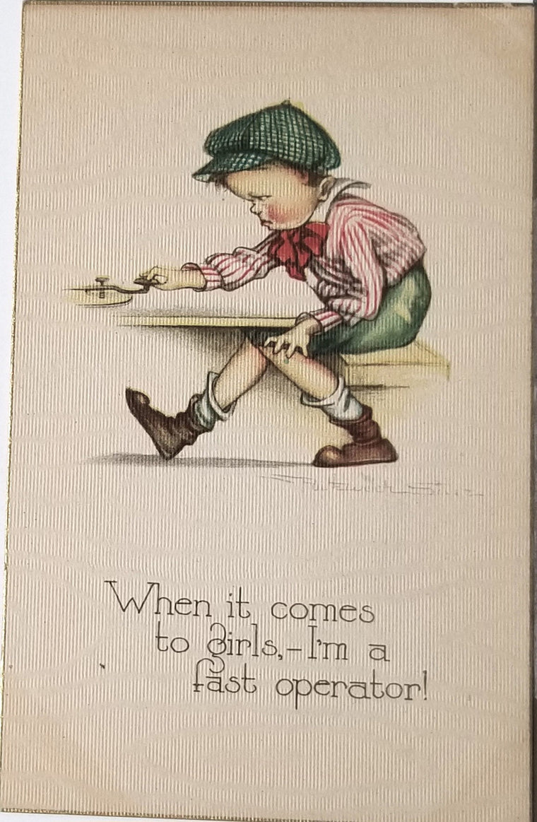 Valentine Postcard Artist Signed Ruth Welch Silver Little Boy Fast Operator