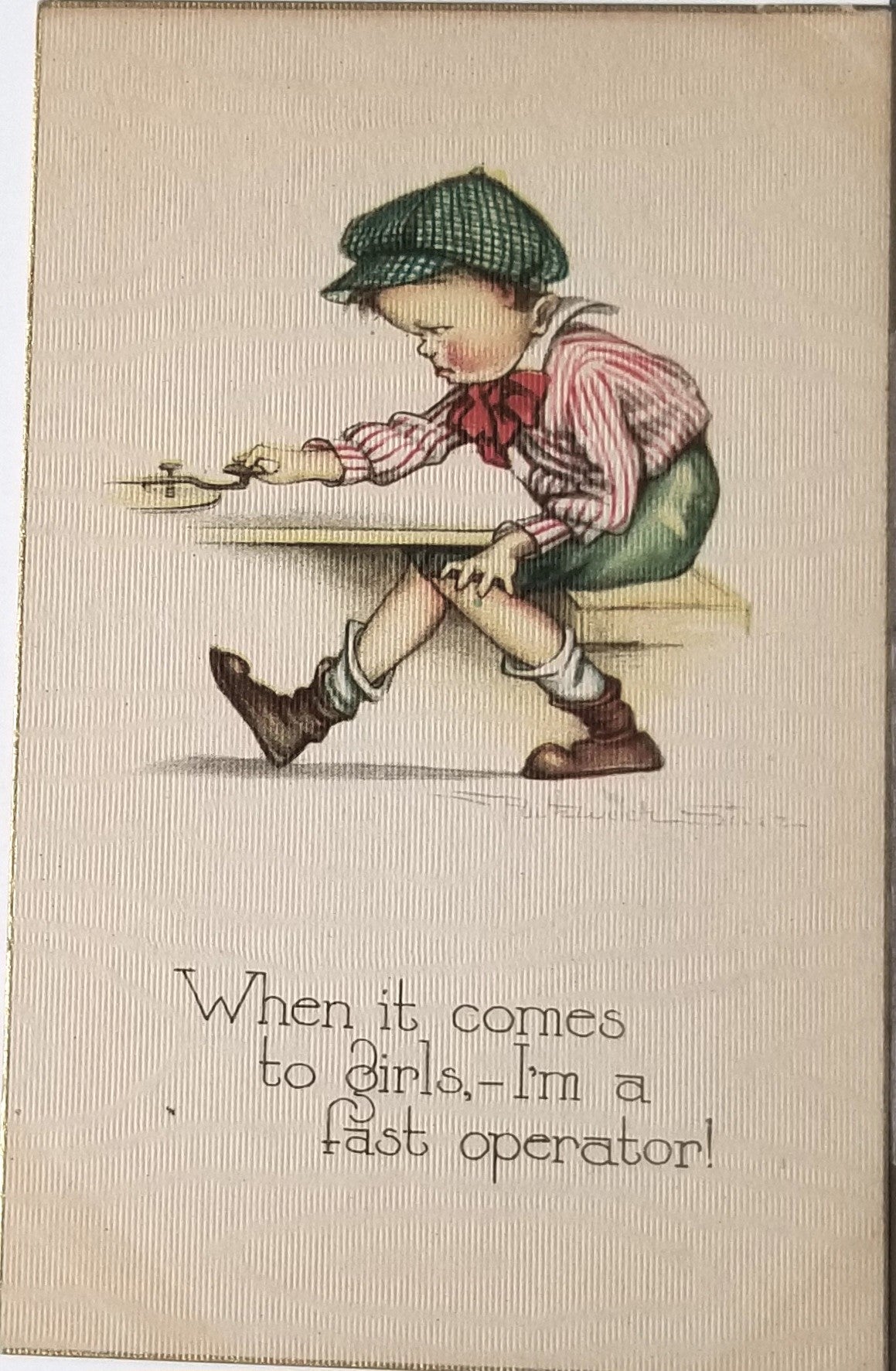 Valentine Postcard Artist Signed Ruth Welch Silver Little Boy Fast Operator