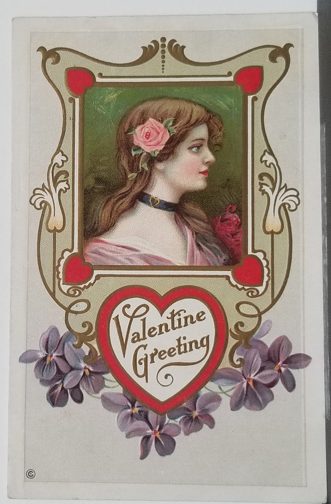 Valentine Postcard Portrait of Woman with Rose in Hair Edwardian Nouveau Style Series 312