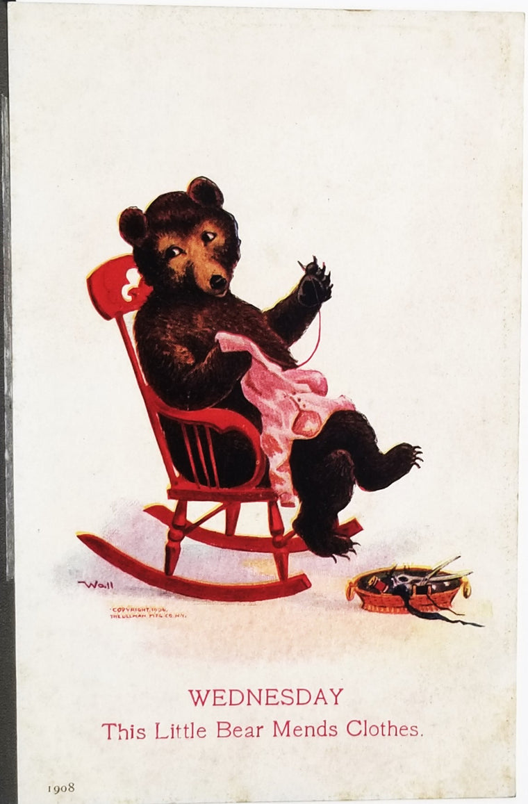 Anthropomorphic Bear Mends Clothes While Rocking in Chair Wednesday Artist Signed (Bernhardt) Wall