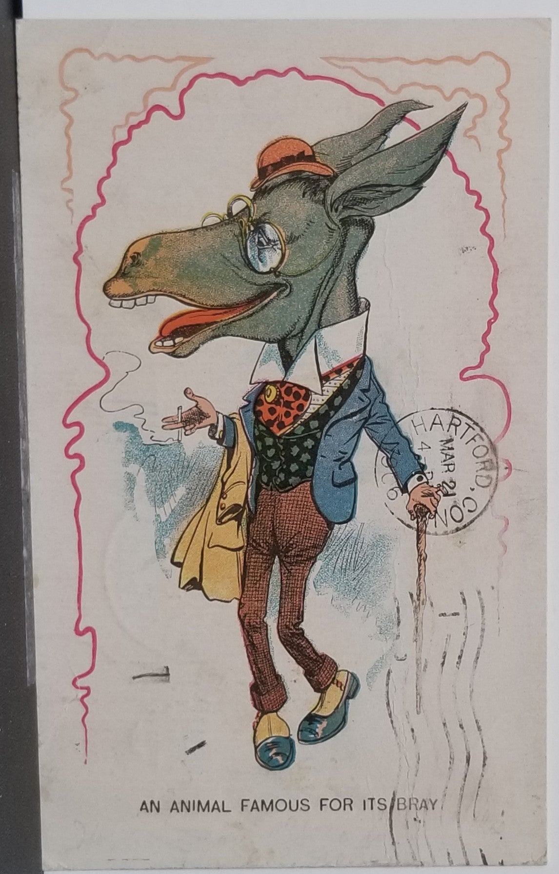 Comic Postcard Man with Donkey Head Standing in Suit Smoking