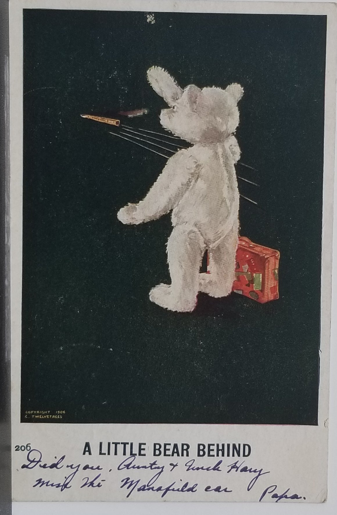 Anthropomorphic White Teddy Bear with Suitcase Missing Train Artist Charles Twelvetrees