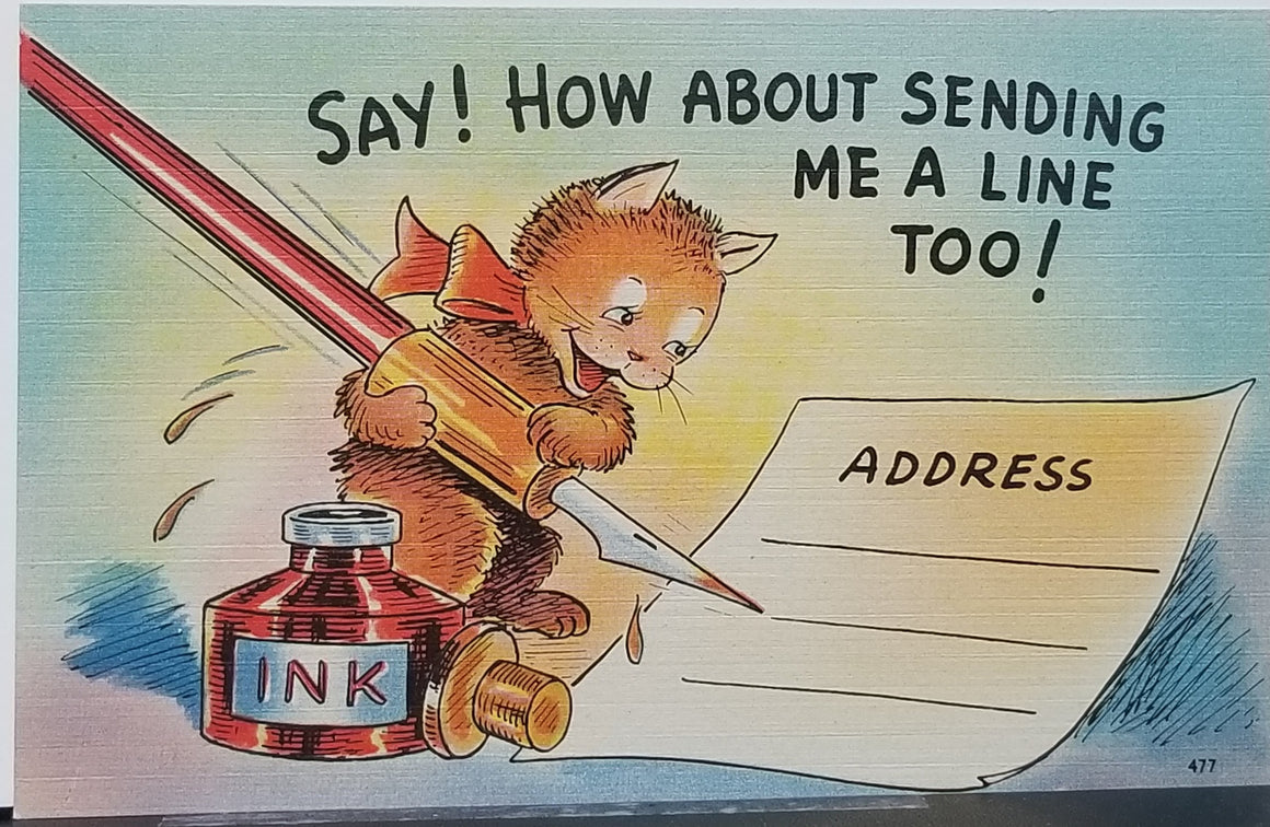 Comical Cat Postcard Anthropomorphic Humanized Kitten Penning a letter with a Giant Pen