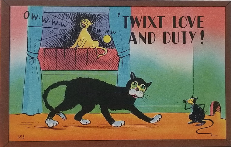 Comical Cat Postcard Tom Cat Deciding Between His Love and Chasing Mouse Twixt Love & Duty