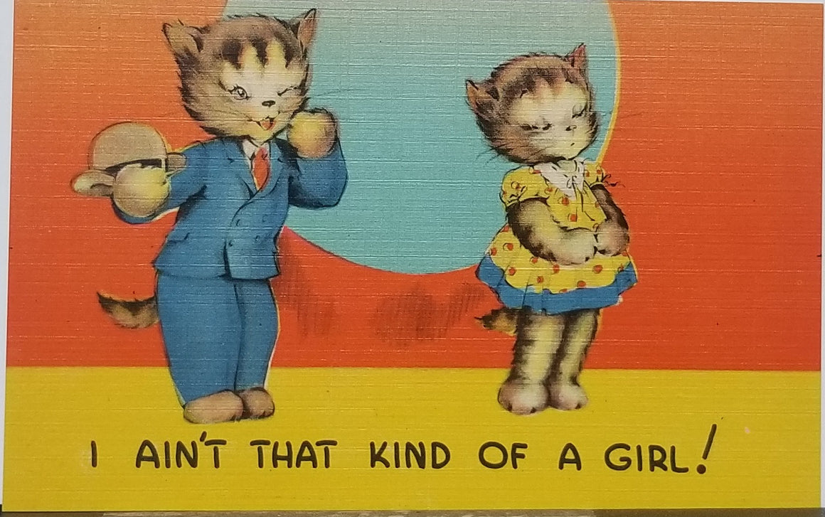 Comical Cat Postcard Anthropomorphic Humanized Cat in Suit Wooing Cat in Dress "I'm Not That Kind of Girl"